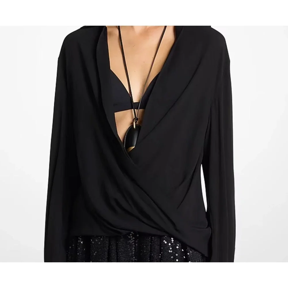 Michael Kors chic 100% silk wrap open blouse long folded back sleeve black Sz S